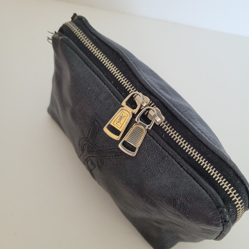 Vintage Yves Saint Laurent YSL Black Leather Cosmetic Pouch Clutch Bag Italy - Picture 10 of 16